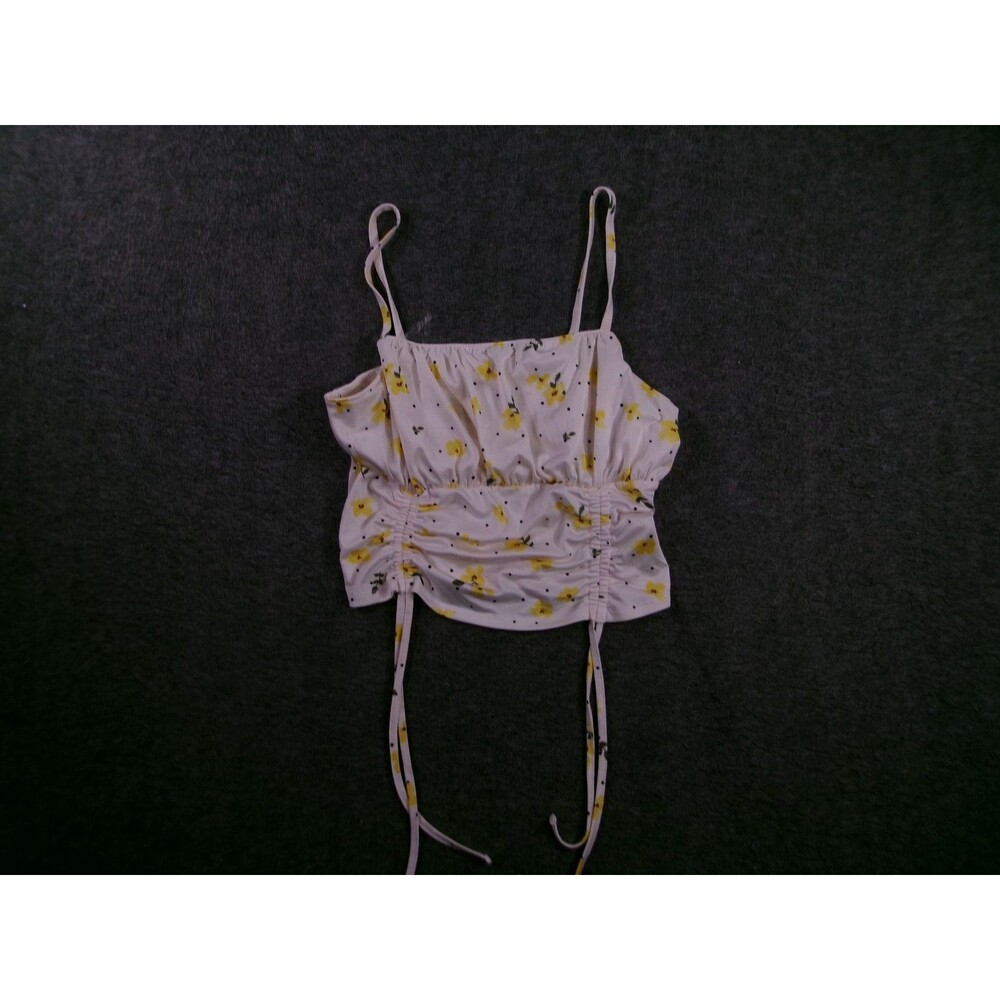 Derek Heart Cami Top Womens L Floral Ruched Drawstring Spaghetti Strap White